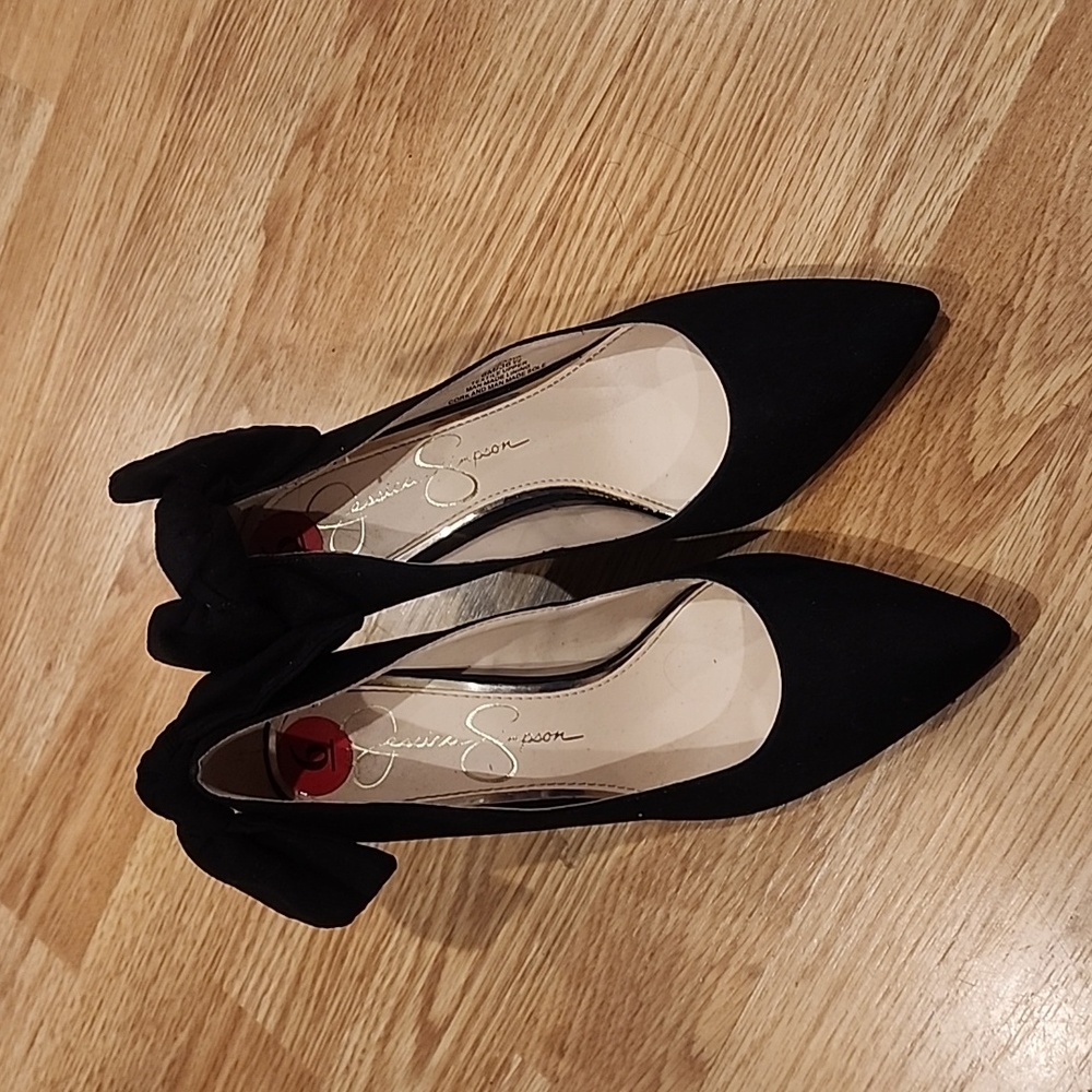 Suede pointed toe bow back Jessica Simpson heels